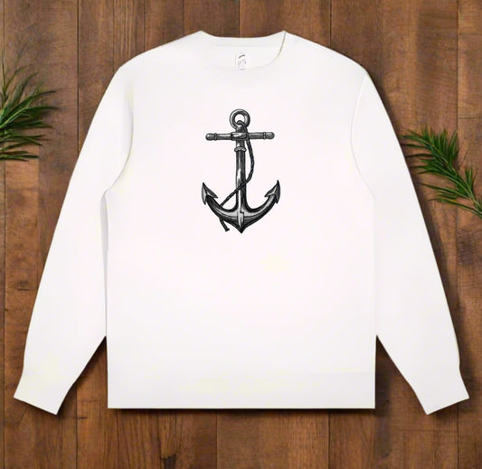 A detailed embroidered anchor design on a piece of apparel.