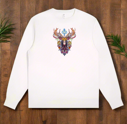 A detailed embroidered image of a moose with wildflowers on a sweatshirt.