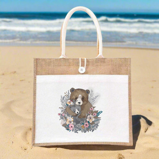 Bear Hug Floral on jute tote handbag