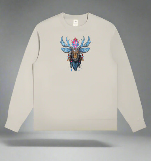 A colorful embroidery design of a moose with blue and brown colors, featuring intricate details and decorative elements on Mint green sweatshirt