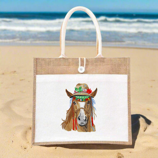 Embroidered jute tote bag featuring a horse with bohemian paisley and mandala motifs.