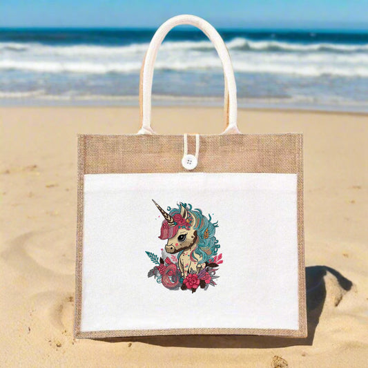 Celestial Garden Unicorn jute tote handbag