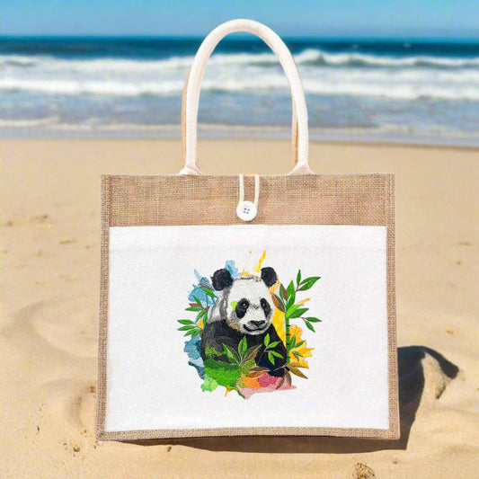 Color Splash Panda jute tote handbag