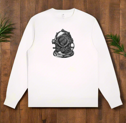 Vintage brass diving helmet embroidered on a fabric item, displaying nautical design elements.