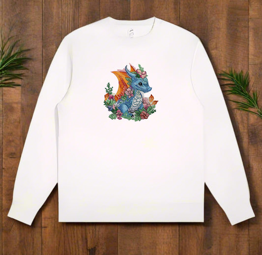 A colorful embroidery design of a dragon surrounded by floral elements and a detailed background.