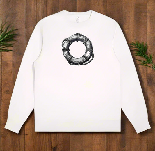 A black and white image of a lifebuoy with rope embroidery, symbolizing safety and rescue.