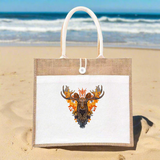 A tote bag with vibrant moose embroidery on the front, featuring a blend of brown, orange, and green colors.