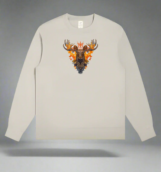 A detailed embroidered design of an orange moose with fiery gradients and geometric patterns, set against a white background.