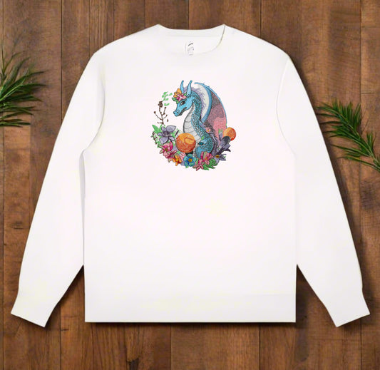 A colorful embroidery design of a dragon surrounded by various flowers and plants.