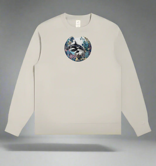Mint Green long-sleeve sweatshirt with a floral and orca design on a gray background