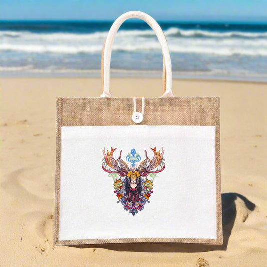 A jute tote bag with a vibrant and intricate embroidered moose design on the front.