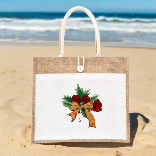 embroidred Plaid Ribbon & Pine Sprigs jute tote handbag