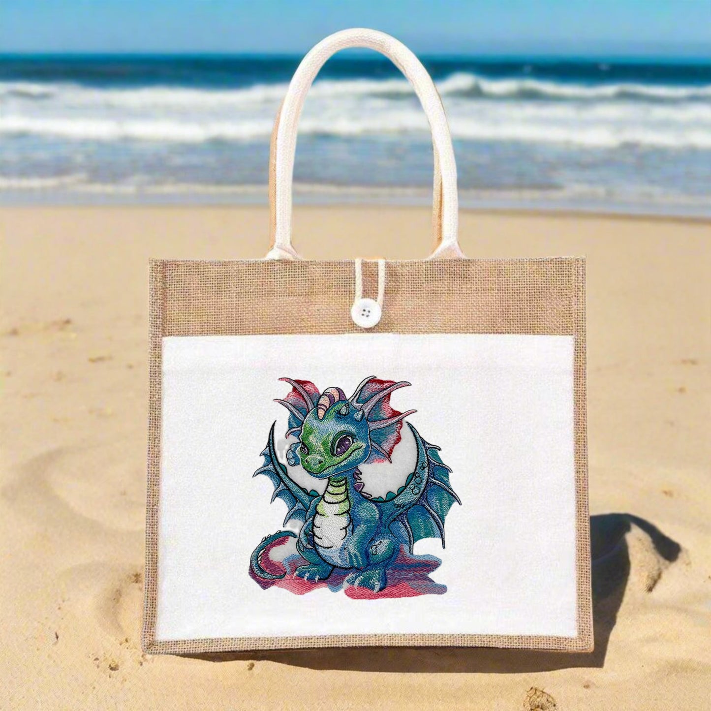 Playful Baby Dragon on jute tote handbag