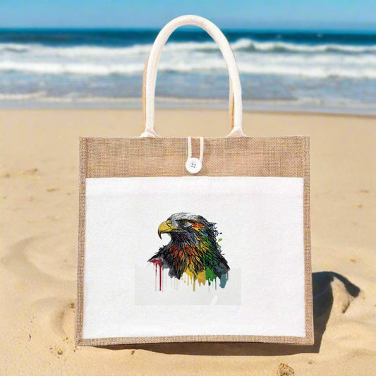 A colorful embroidered depiction of an eagle on a white jute tote bag.