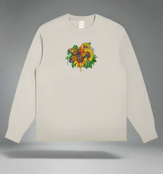 embroidered sweatshirt featuring a vibrant butterfly with detailed floral patterns on the front.