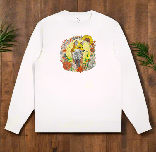 Embroidered crewneck sweatshirt with a design of a golden fox surrounded by floral patterns, predominantly in shades of yellow, green, and orange.