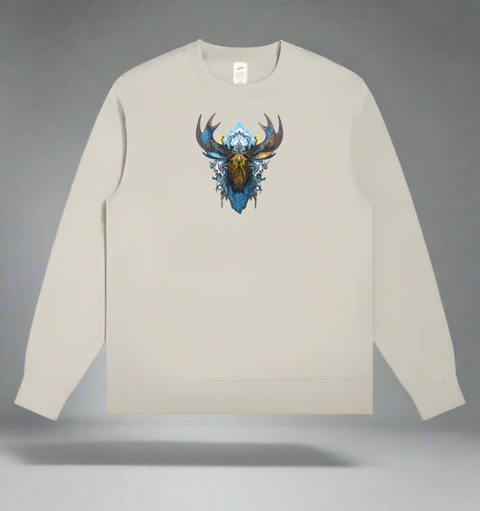 Embroidered sweatshirt featuring a detailed depiction of a moose with floral elements on its antlers, using primarily brown, blue, and gold colors.