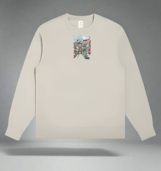 Mint green long-sleeve sweatshirt with a Urban Cityscape Embroidery – Creative Street on a gray background