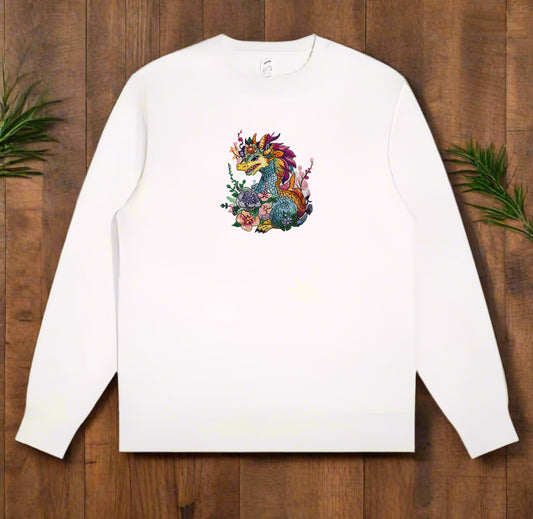 A colorful embroidery design of a dragon with floral elements and a detailed mane and tail.