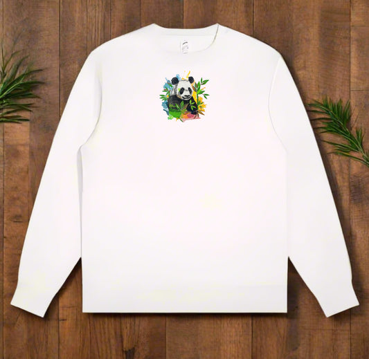 Vivid Panda & Bamboo Embroidered on a white sweatshirt