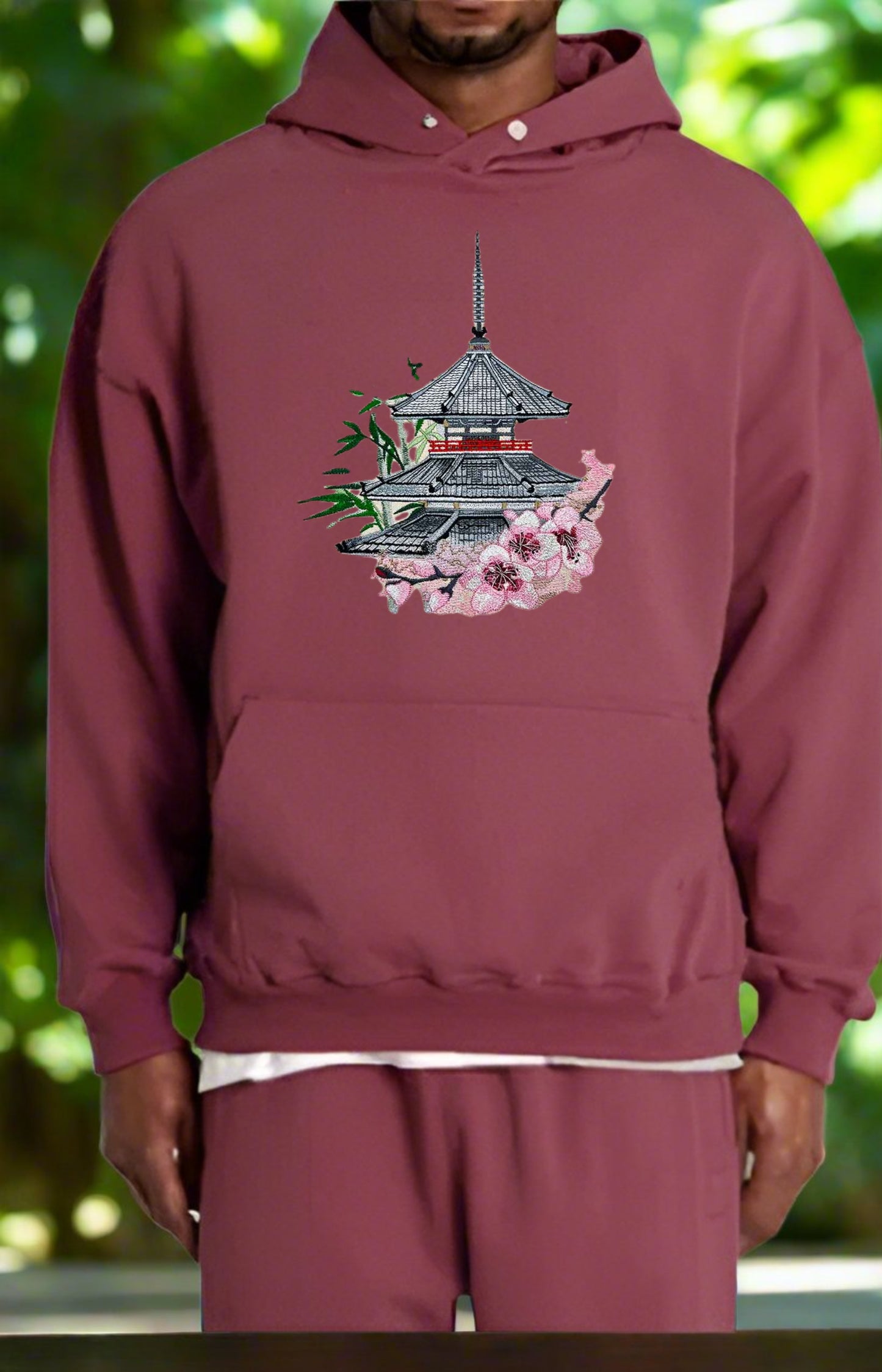 Sakura Serenity: Japanese Pagoda & Cherry Blossom Embroidered Hoodie – Zen Craftsmanship 🏯🌸 | Solo Artisan Crafted