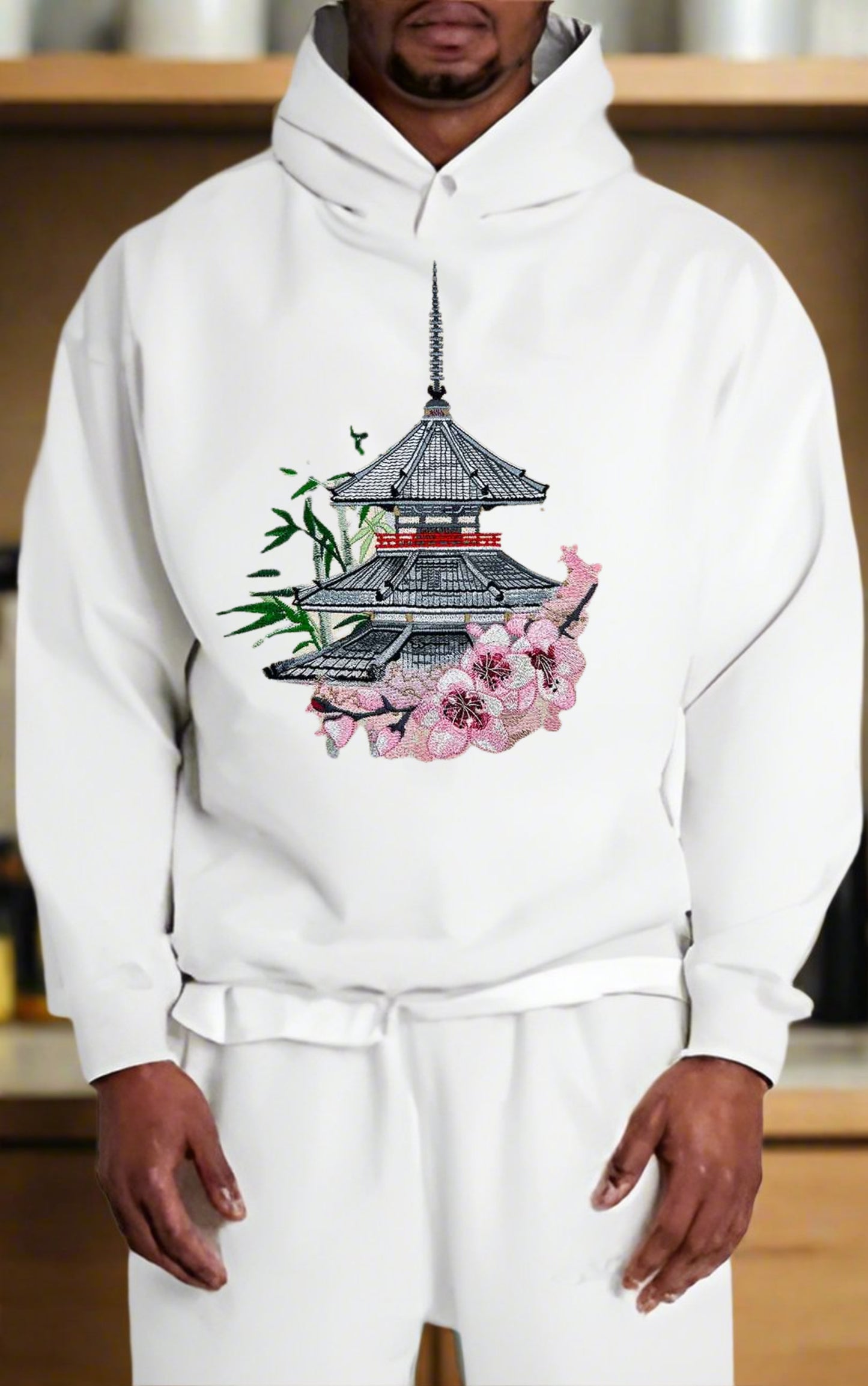 Sakura Serenity: Japanese Pagoda & Cherry Blossom Embroidered Hoodie – Zen Craftsmanship 🏯🌸 | Solo Artisan Crafted