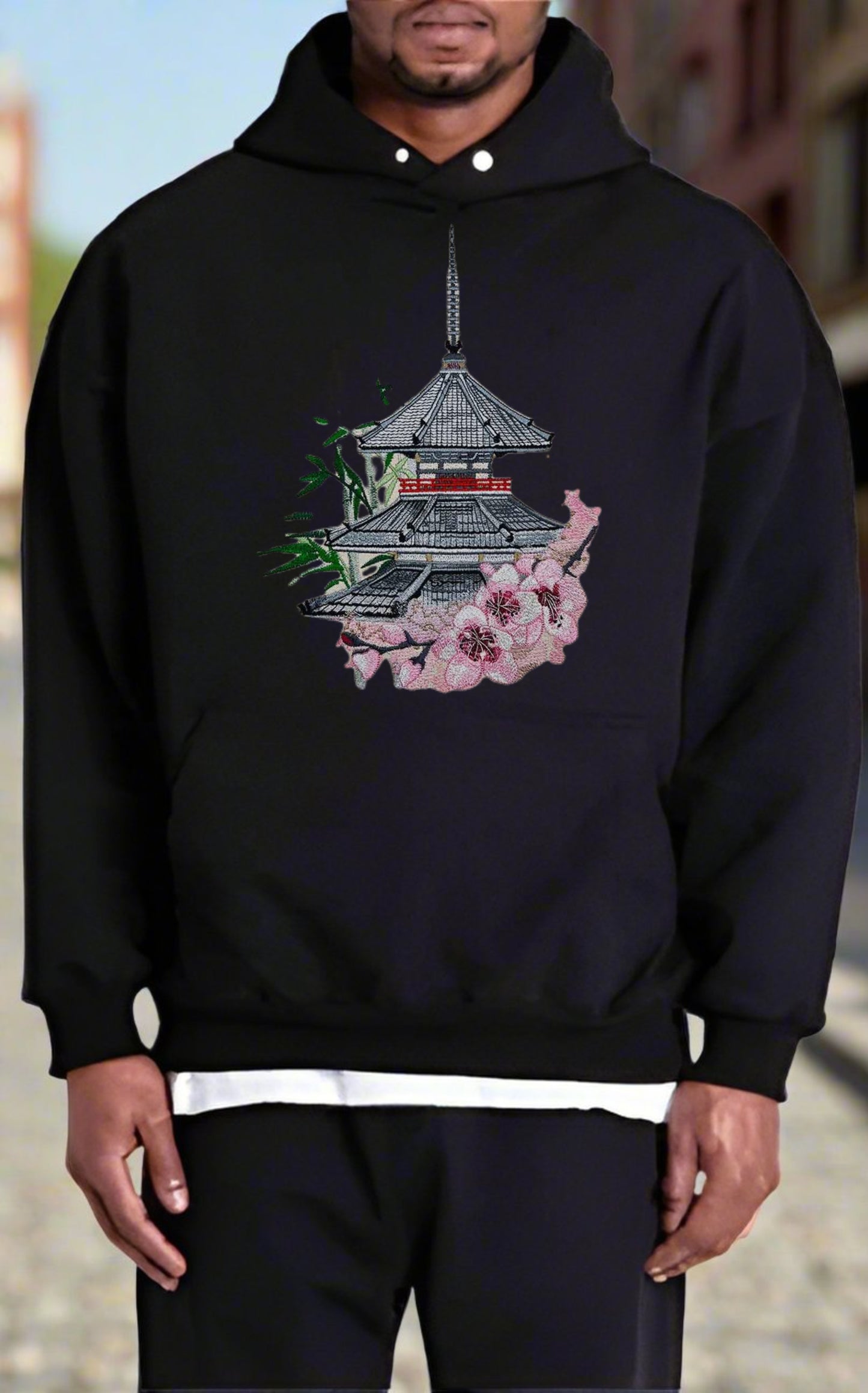 Sakura Serenity: Japanese Pagoda & Cherry Blossom Embroidered Hoodie – Zen Craftsmanship 🏯🌸 | Solo Artisan Crafted