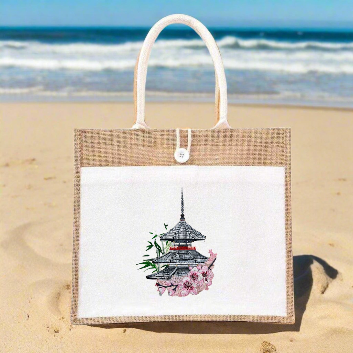 Zenith of Serenity: Elegant Pagoda & Cherry Blossoms Embroidered Jute Tote – Timeless East Asian Artistry in Sustainable Thread