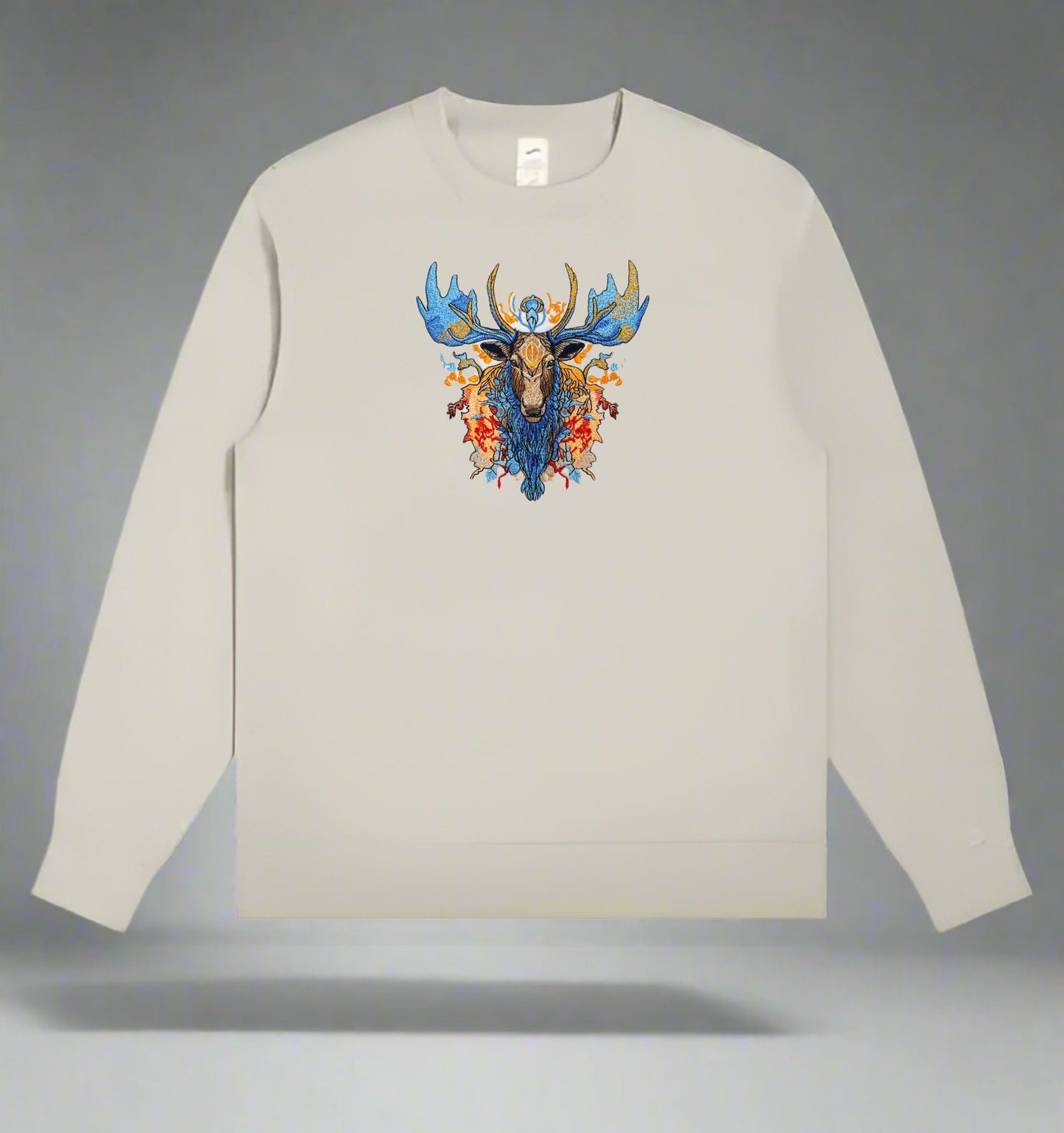 Mystic Blue Moose Embroidery – Statement Art on Mint green sweatshirt