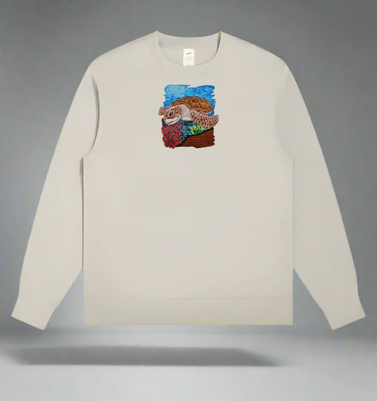 Mint Green long-sleeve sweatshirt with a colorful Ocean Guardian Sea Turtle Embroidery on a gray background