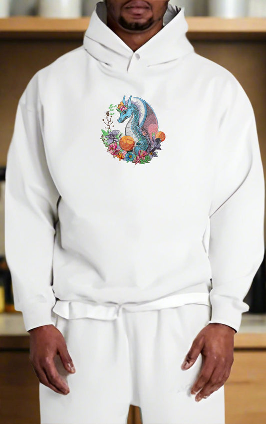 Embroidered hoodie featuring a celestial dragon with floral elements, depicting a blend of organic cotton and recycled materials.