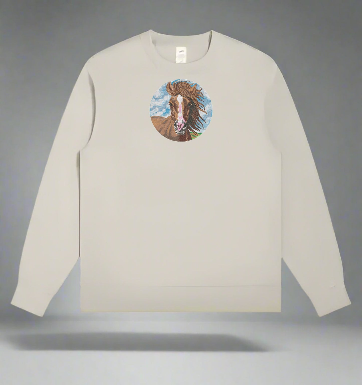 Beige long-sleeve shirt with a Wild Horse Portrait Embroidery – Free Spirit on a gray background