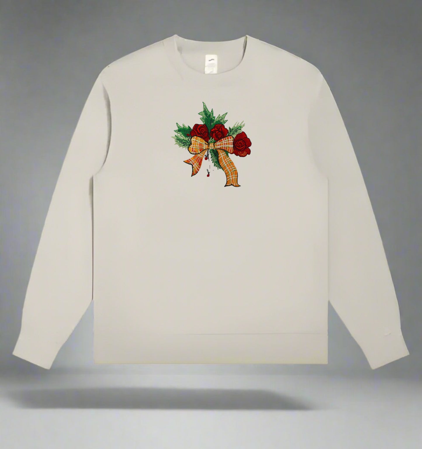 Embroidered sweatshirt with Plaid Ribbon & Pine Sprigs
