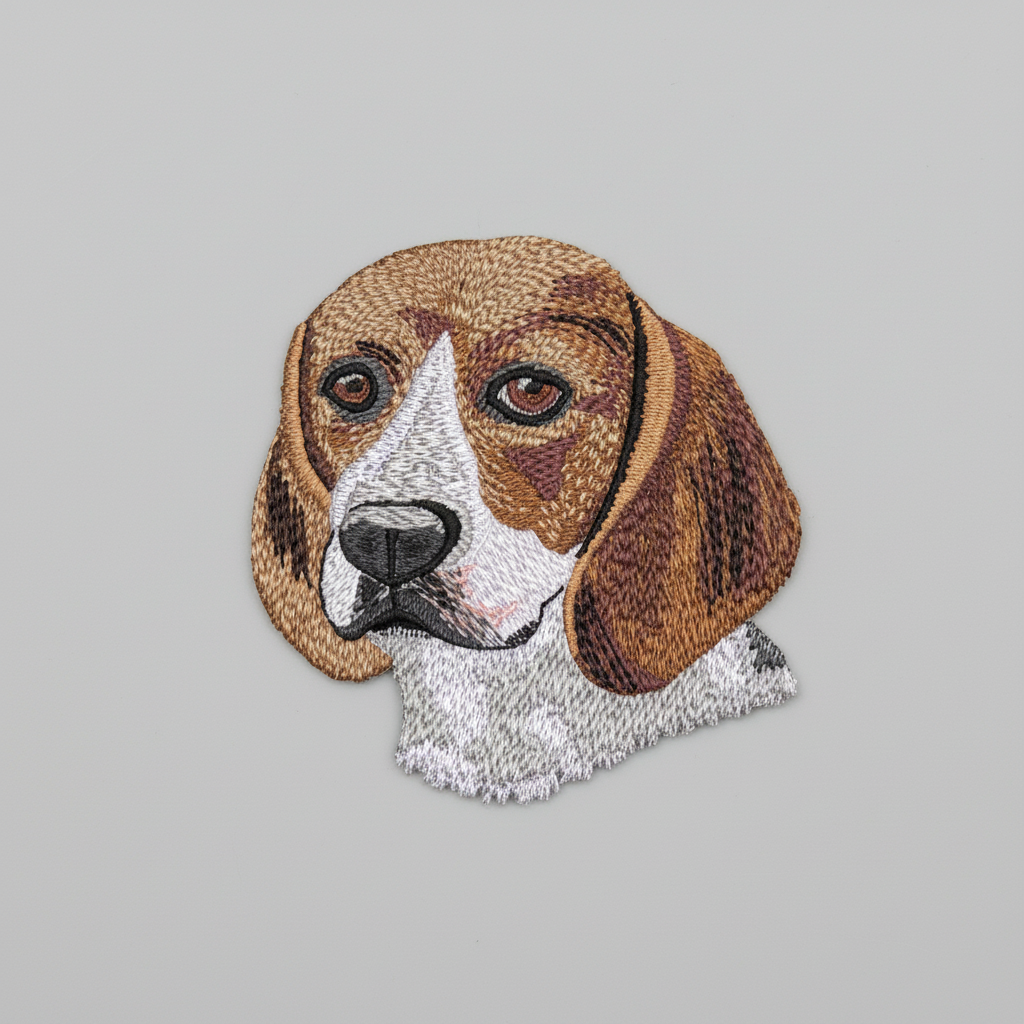 Embroidered design of a Beagle dog's face on a grid background