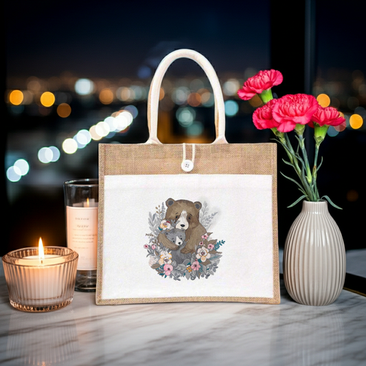 Jute tote handbag with a mother bear hugging her cub, surrounded by floral embroidery-style artwork, on a tabletop with a candle and vase.