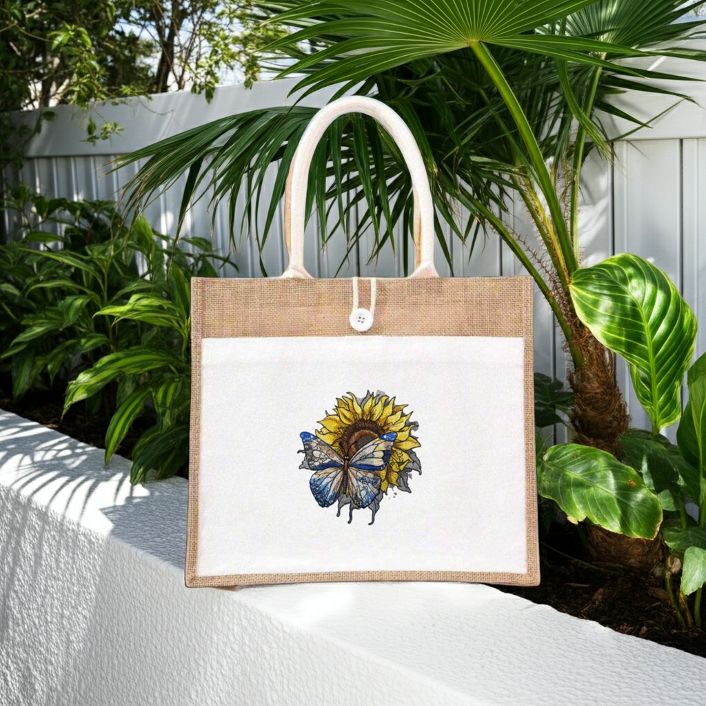 Natural jute tote handbag featuring a blue butterfly and sunflower embroidery design, displayed outdoors with tropical green plants and a potted plant against a white slatted backdrop.