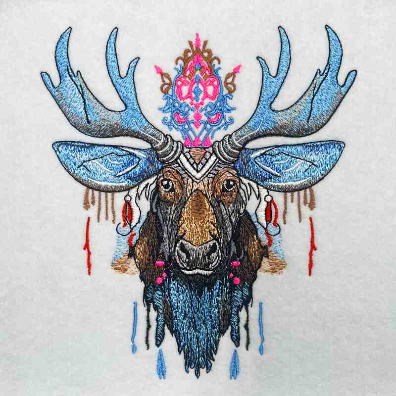Bohemian moose embroidery on a jute tote bag, featuring intricate patterns and vibrant colors on the moose's antlers.