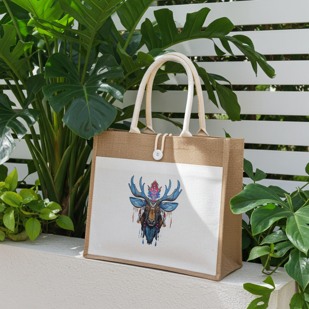 Natural jute tote handbag featuring a boho blue moose with tribal antlers embroidery design, displayed outdoors with lush green tropical plants and a white slatted backdrop.