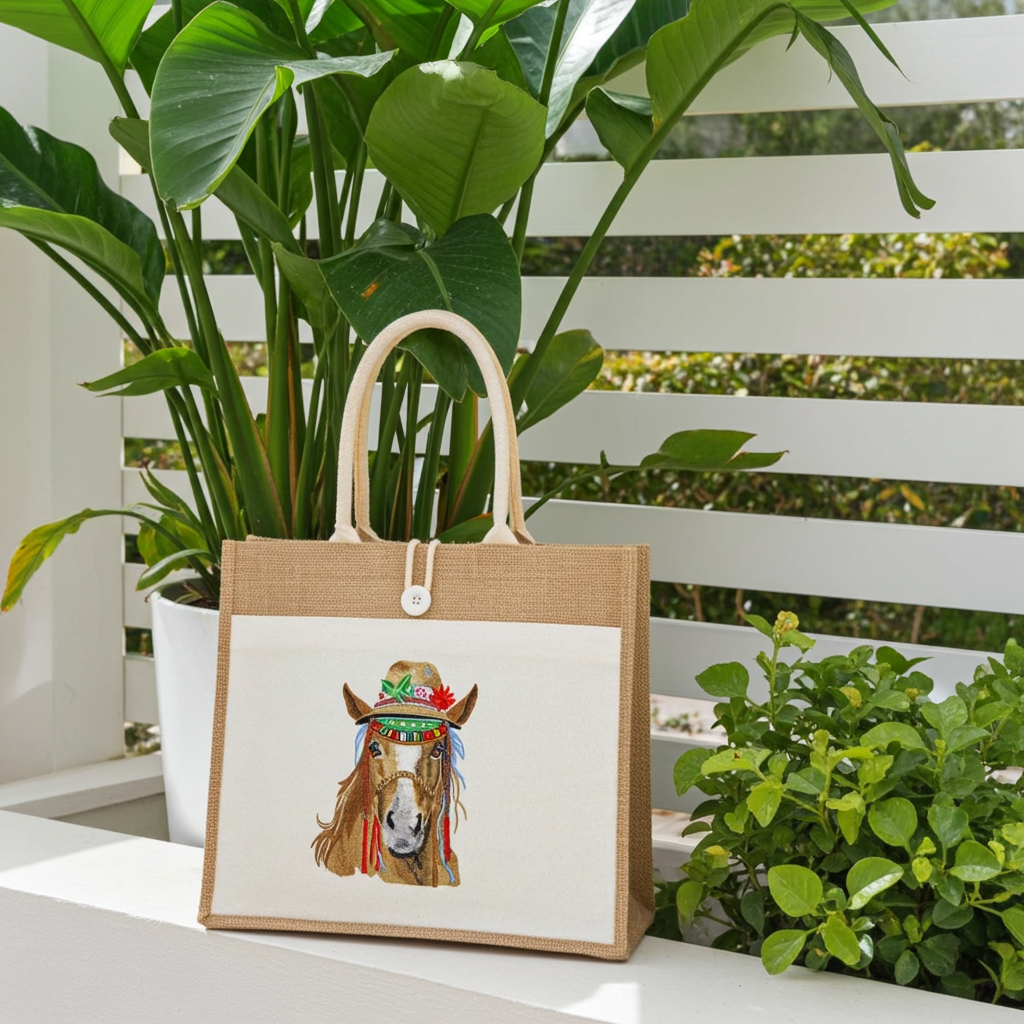 Natural jute tote handbag featuring a boho spirit horse embroidery design, displayed outdoors on a ledge with a potted plant and a white slatted backdrop.