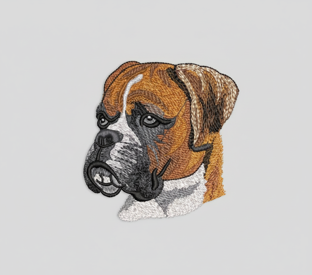 Embroidered design of a Boxer dog's head on a grid background