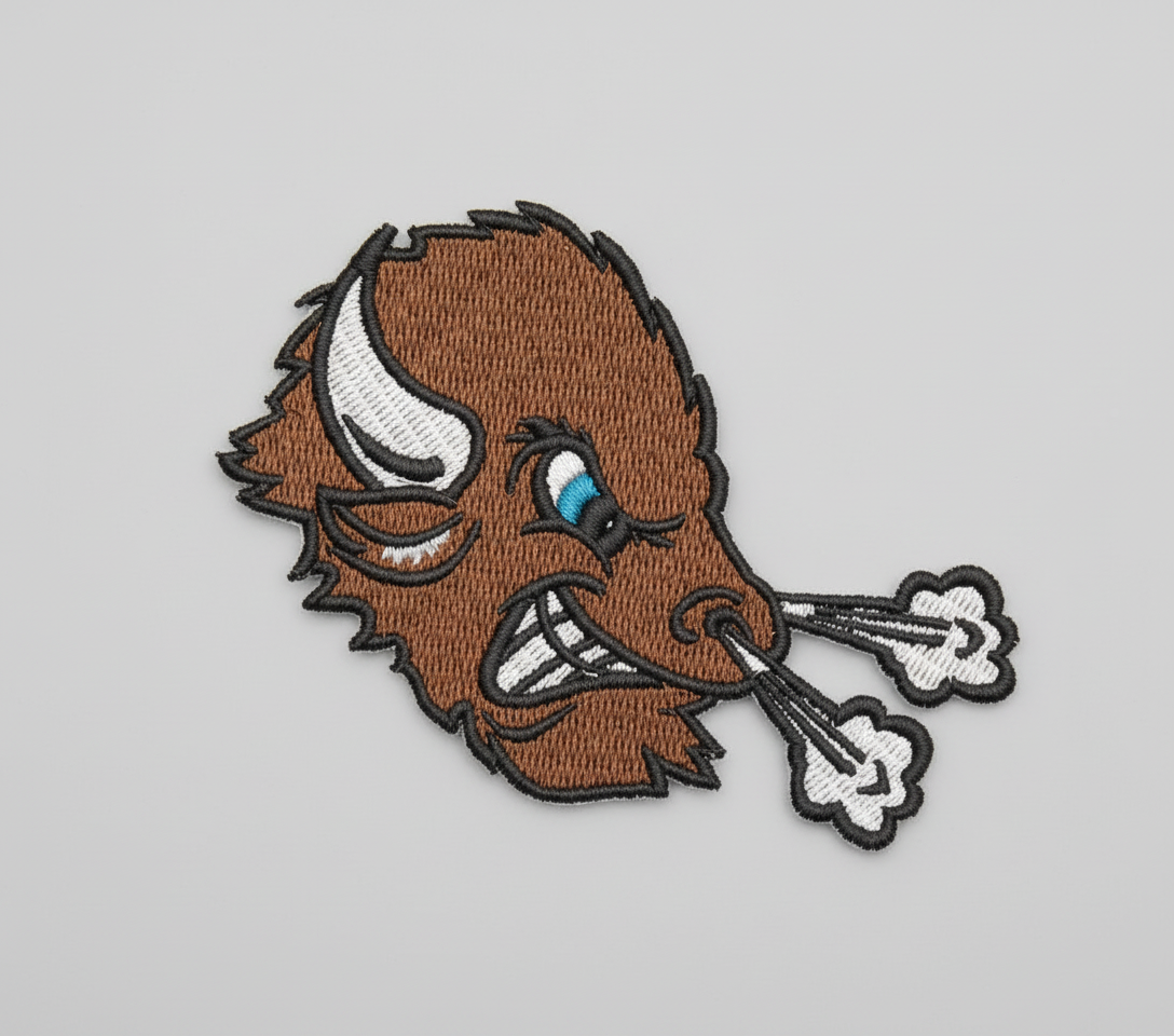 Embroidered patch of a cartoonish buffalo head with a long tongue on a grid background