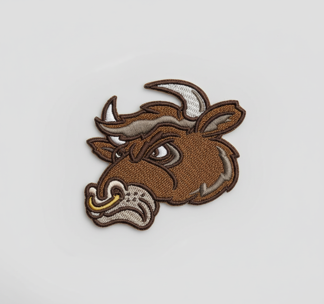 Embroidered patch of a bull'ss head on a grid background