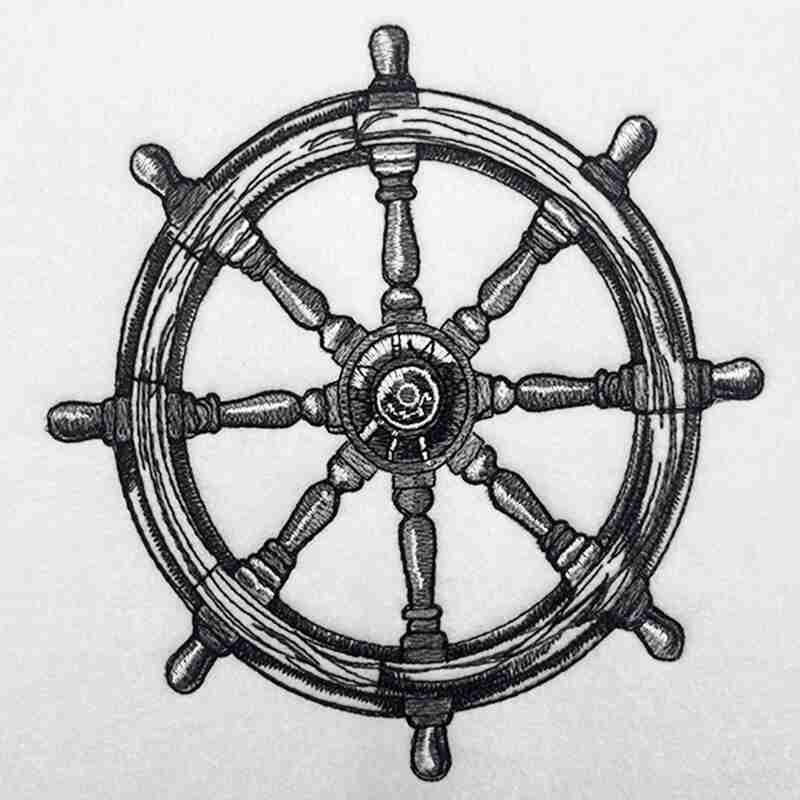 Embroidery of a traditional ship's wheel, typically found at the helm of a boat or ship.