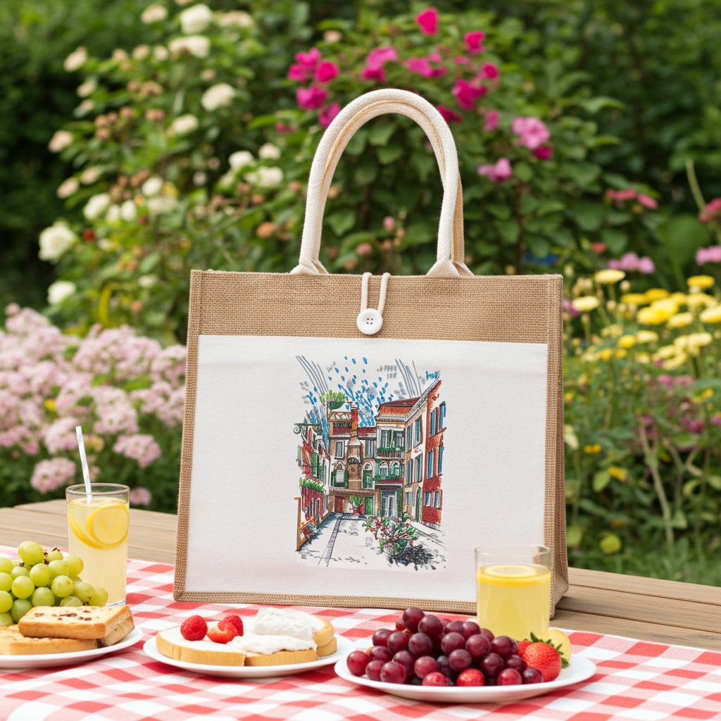 Jute tote handbag featuring a colorful city street sketch illustration, photographed on a picnic table with fruit, drinks, and a garden background.