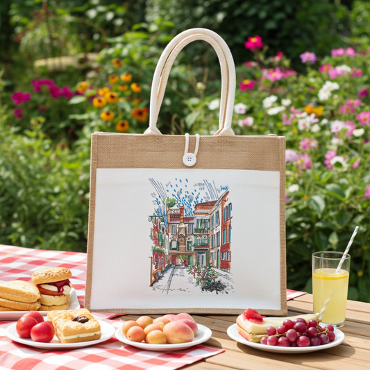 Jute tote handbag featuring a colorful city street sketch illustration, photographed on a picnic table with fruit, drinks, and a garden background.