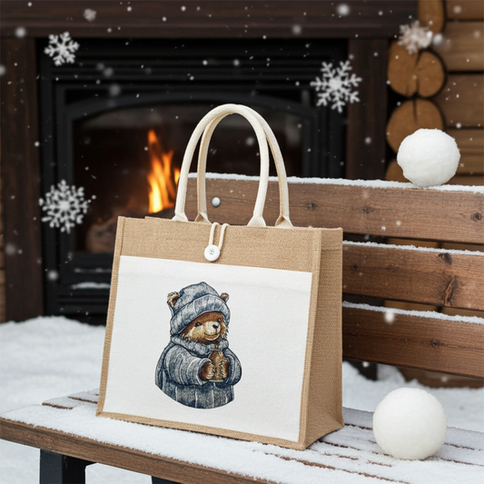 Natural jute tote handbag featuring a cozy cocoa bear embroidery design, photographed outdoors on a snowy bench with falling snow and a warm fireplace glow in the background.