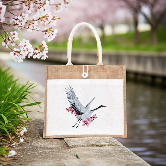 Jute tote handbag with a flying crane and cherry blossom embroidery-style design, photographed outdoors by a stream with blooming pink sakura branches.