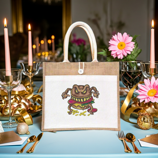 Natural jute tote handbag featuring a cursed burger embroidery design, styled on a festive table with candles, flowers, gold ribbon, and dinnerware.