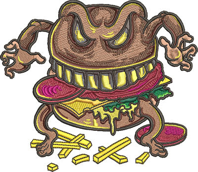 A embroidered design featuring a cartoon of a possessed burger with eyes, arms, and a glowing cheese layer.