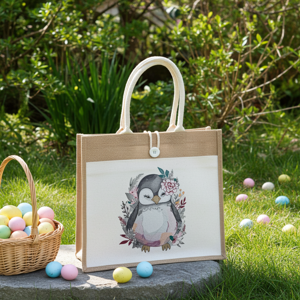 Jute tote handbag with a cute penguin surrounded by floral embroidery-style artwork, photographed outdoors on grass with pastel Easter eggs and a basket in the background.